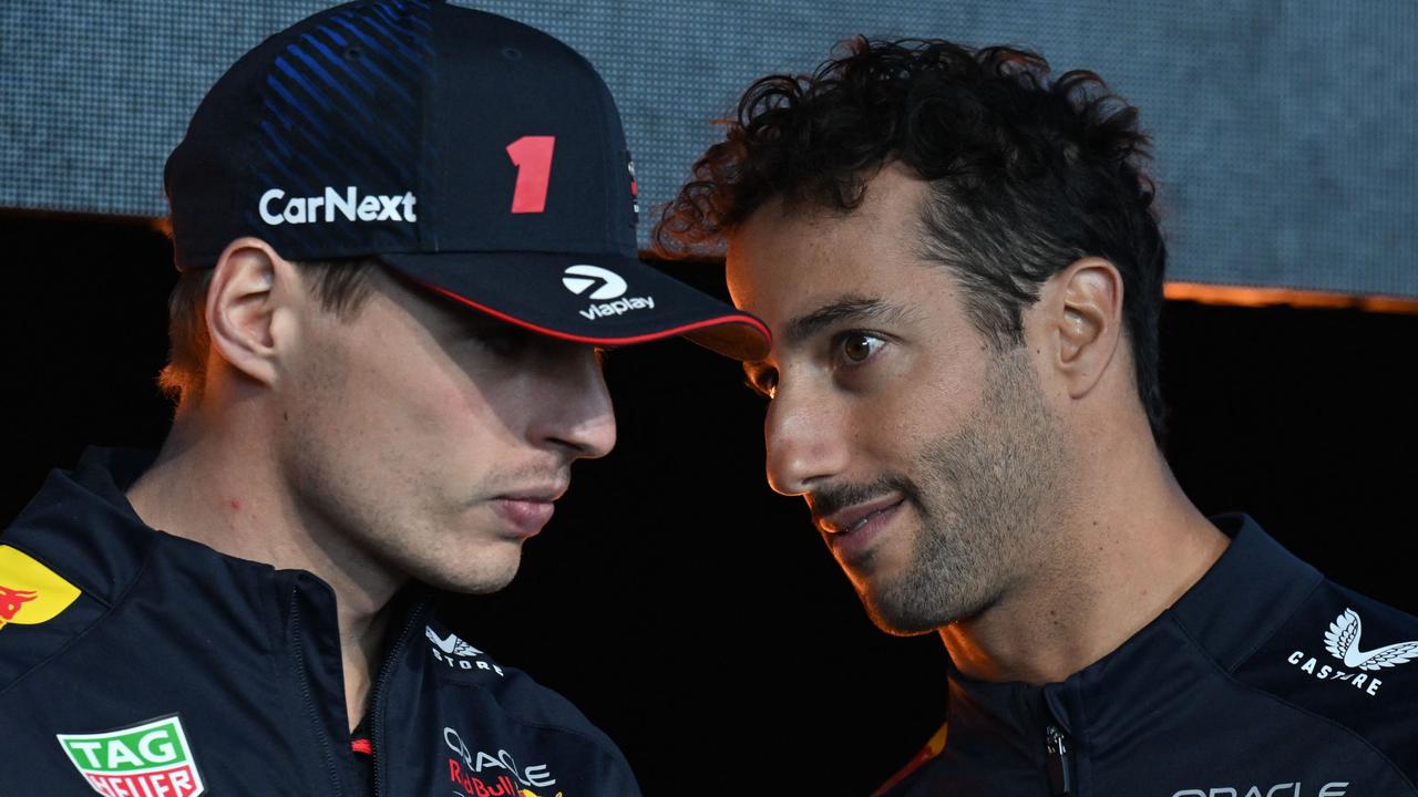 Max Verstappen and Daniel Ricciardo have plenty to talk about. Photo by ED JONES / AFP.