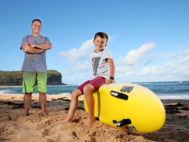 Newport nipper Leo Stevens, 9, and his dad Rod, helped rescue a guy in trouble while swimming at Mona Vale Basin. Picture: Troy Snook