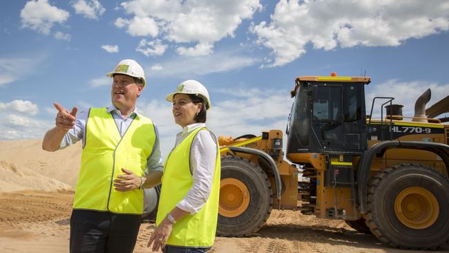 LNP leader Tim Nicholls and deputy Deb Frecklington at a quarry in the Lockyer Valley yesterday. Picture: AAP