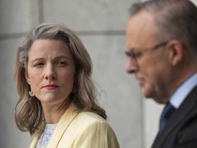 CANBERRA, AUSTRALIA, NewsWire Photos. JUNE 23, 2023: The Prime Minister, Anthony Albanese, Minister for Home Affairs and Cyber Security, Clare O'Neil and Air Commander Darren Goldie- Cyber Security Coordinator, hold a press conference at Parliament House in Canberra. Picture: NCA NewsWire / Martin Ollman