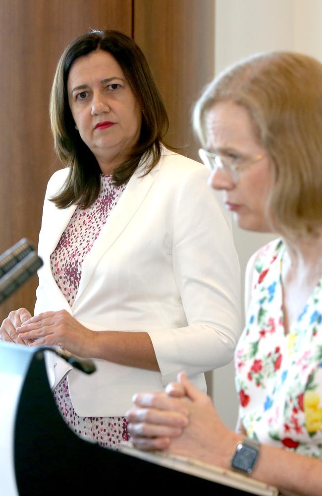 Premier Annastacia Palaszczuk and Chief Health Officer Dr Jeannette Young. Picture: Steve Pohlner