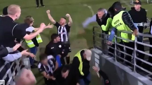 The man can be seen in the footage pelting a beer bottle at one of the Mandurah City FC players as they left the field.