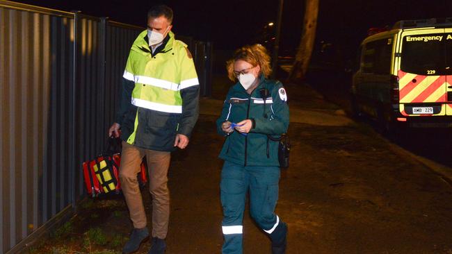 Premier Peter Malinauskas arrives at a job with paramedic Jess Bastian. Picture: Brenton Edwards