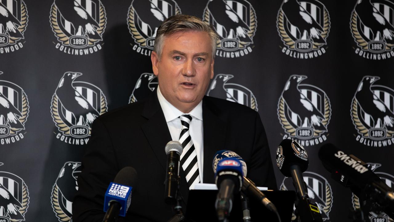 Eddie McGuire fronts a press conference on the day he stood down as Collingwood president after more than 22 years leading the club.