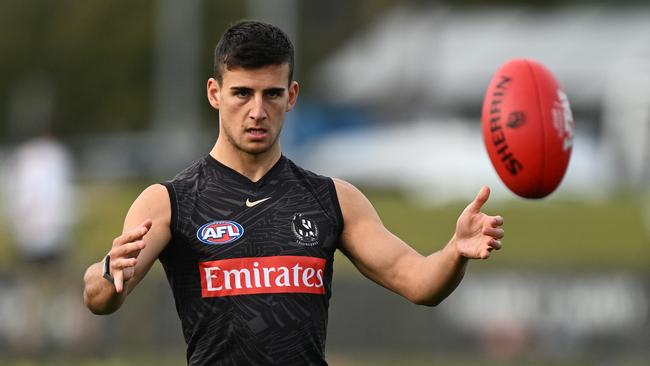 MELBOURNE, AUSTRALIA - JULY 16: Nick Daicos of the Magpies in action during a Collingwood Magpies AFL training session at Olympic Park Oval on July 16, 2024 in Melbourne, Australia. (Photo by Daniel Pockett/Getty Images)