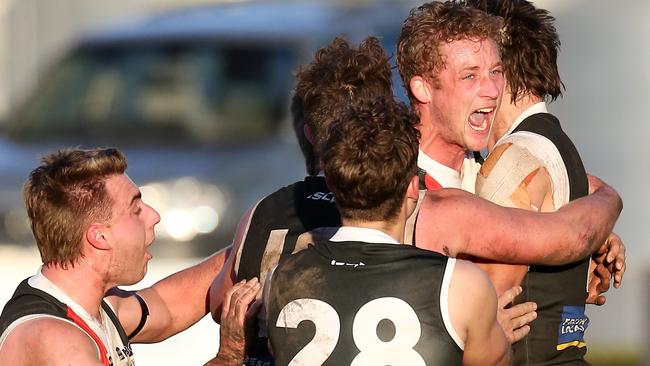 Clem Nagorcka celebrates the winning goal for Koroit. Picture: Yuri Kouzmin