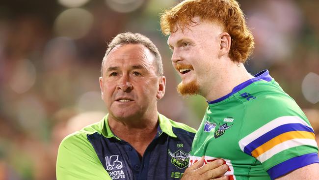 Corey Horsburgh scored two tries to help Canberra get its first win of the season, but his antics on the field resulted in Royce Hunt calling him out with an unsavoury slur. Picture: Mark Nolan/Getty Images