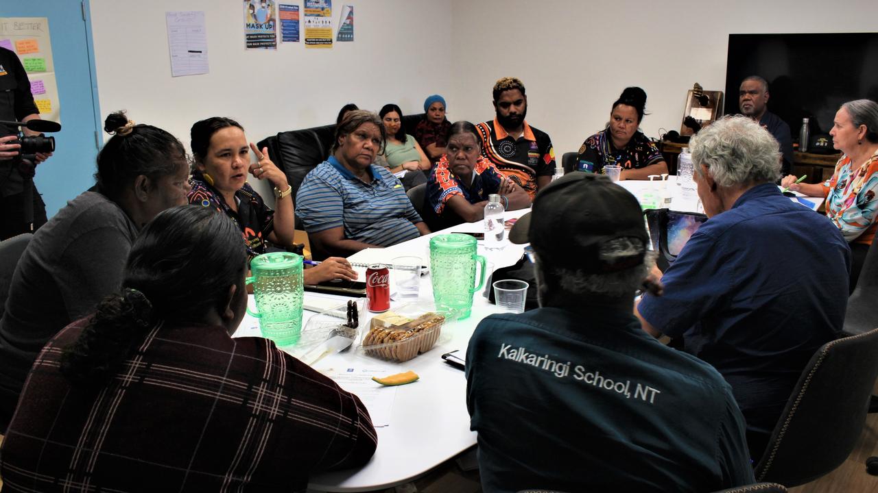 Members of Kalkaringi’s Local Advisory Board meet with Charlie King at the town’s Child and Family Centre. Picture: Jason Walls