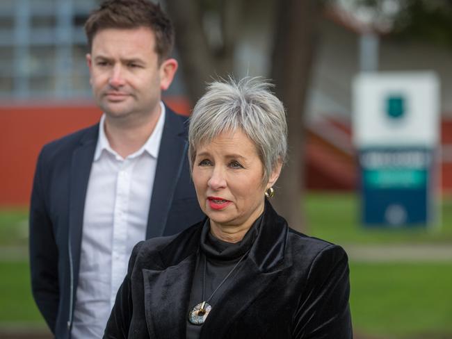 Tasmanian Labor leader Dean Winter with Mayor of Glenorchy, Sue Hickey at Cosgrove High School on Sunday 21st July 2024 talking about the UTAS move to the City of Hobart.Picture: Linda Higginson