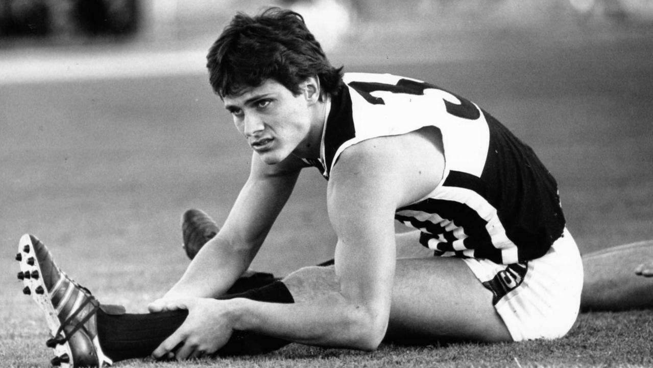 Port Adelaide footballer Gavin Wanganeen stretching at training, in March, 1991. Picture: Neon Martin