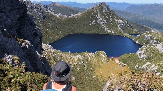 Claire Sutherland hiking the Western Arthurs, Tasmania. 