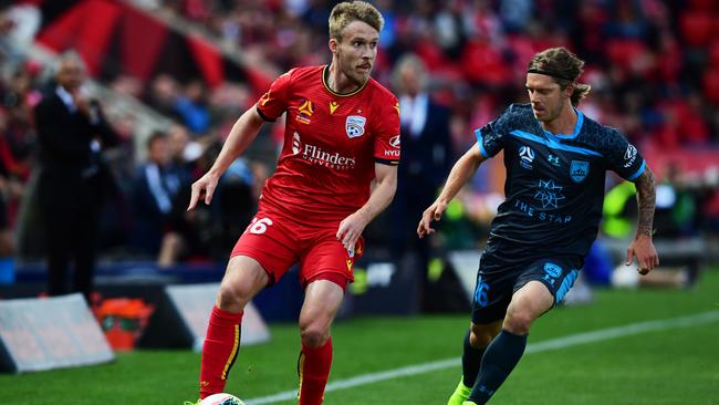 Winger Ben Halloran controls the ball during Adelaide United’s dramatic season-opening loss to Sydney FC at Hindmarsh Stadium. Picture: Mark Brake/Getty Images