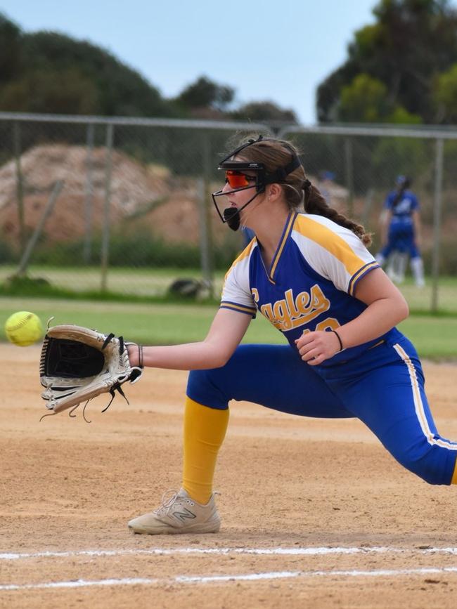 Sienna Sutton taking a grab at first base. Picture: Supplied