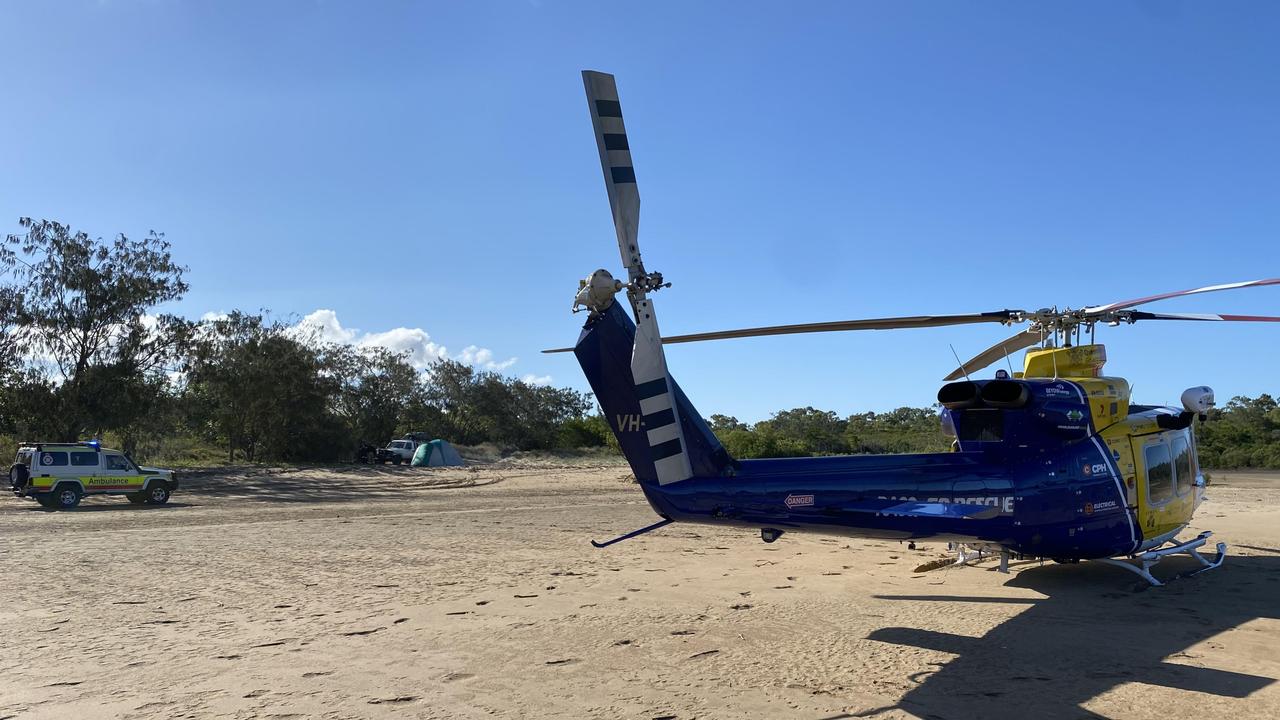 The RACQ CQ Rescue chopper was this afternoon tasked to Armstrong Beach after a camper was found unresponsive inside a tent. Picture: RACQ CQ Rescue