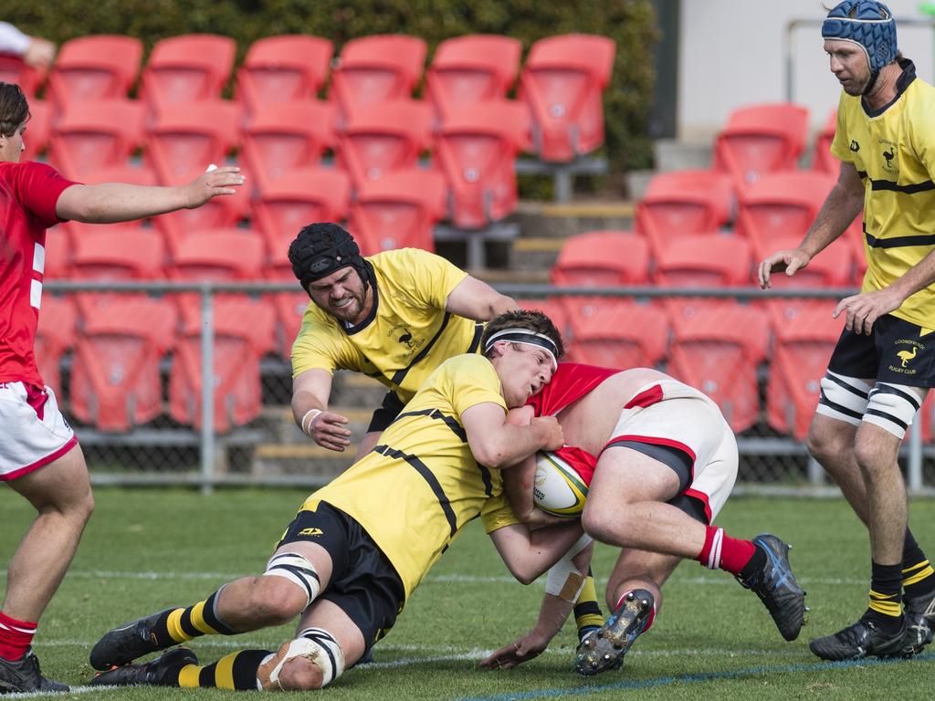 Goondiwindi Emus players including Walter Wilson defend an attack from St George Frillnecks. Picture: Kevin Farmer