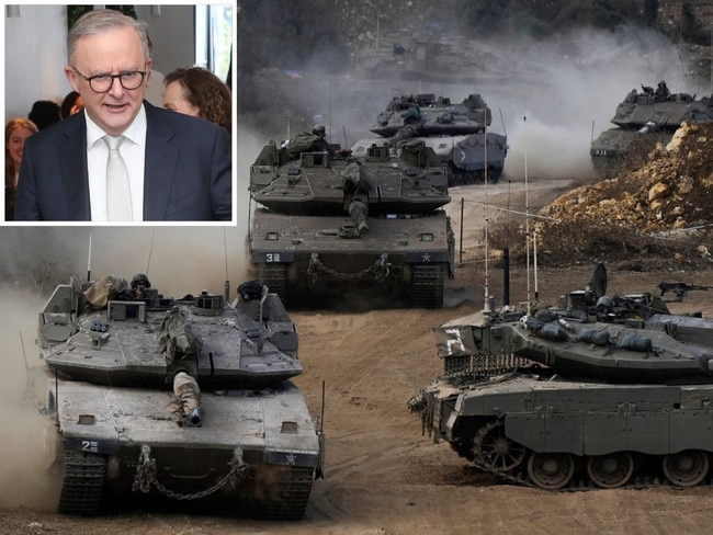 Israeli tanks mass in the country's north on Tuesday as part of the ground operation into southern Lebanon. Inset: Anthony Albanese on Tuesday. Picture: AP