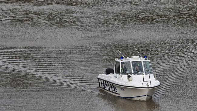 A police boat on the Maribyrnong River in the search for Karen Ristevski in July 2016. Picture: Hamish Blair