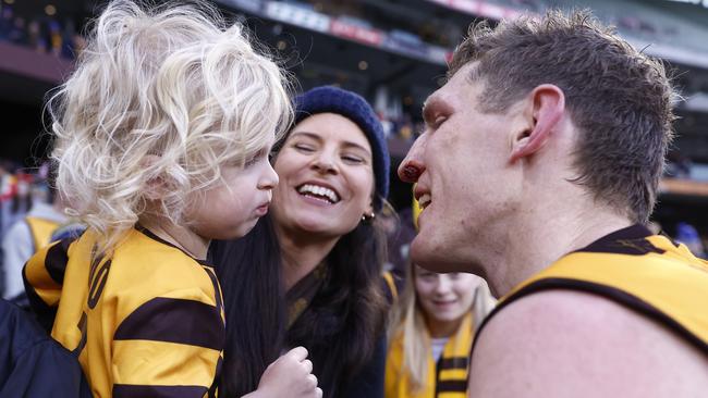 Ben McEvoy with his son Clancy after the Hawks beat the Eagles. Picture: Getty Images