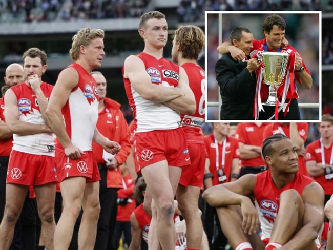 The beaten Swans and Paul Roos in 2005. Photos: Getty Images/News Corp