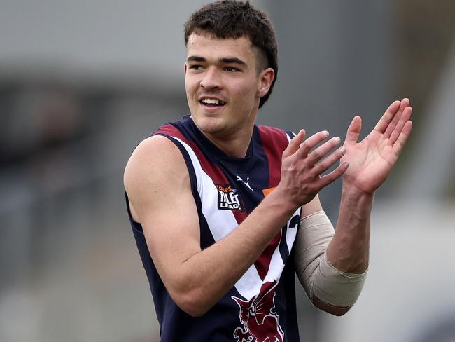 MELBOURNE, AUSTRALIA - SEPTEMBER 21: Harry Armstrong of the Dragons celebrates a goal during the 2024 Coates Talent League Boys Grand Final match between the Sandringham Dragons and GWV Rebels at IKON Park on September 21, 2024 in Melbourne, Australia. (Photo by Martin Keep/AFL Photos via Getty Images)