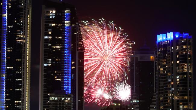 Fireworks were set off to honour our healthcare workers and celebrate the easing of restrictions in Surfers Paradise. Picture: Glenn Hampson