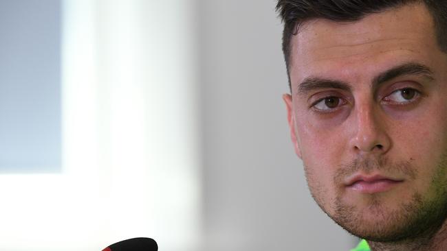 Australia's Tomi Juric speaks to the media during a press conference at the Socceroos training base, Stadium Trudovye Rezervy, in the lead up to their final group match against Peru at the FIFA 2018 World Cup, Kazan, Russia, Sunday, June 24, 2018. (AAP Image/Dean Lewins) NO ARCHIVING