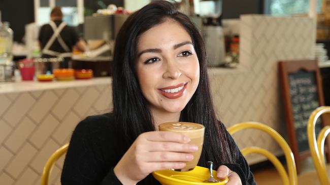 Proud Victorian Raquel Potenza enjoys a latte. Picture: Alex Coppel