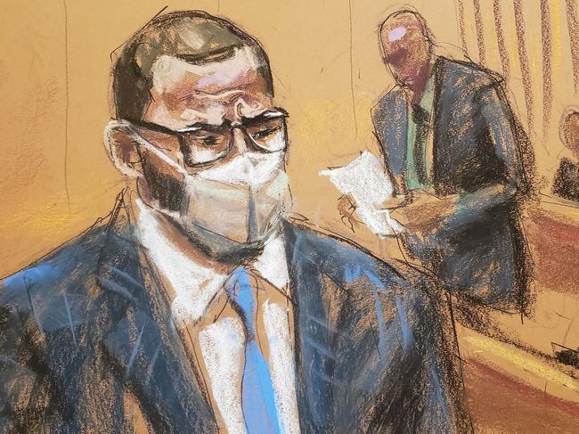 R. Kelly sits as the jury foreman reads the guilty verdict in Kelly's sex abuse trial at Brooklyn's Federal District Court in a courtroom sketch in New York, US on September 27, 2021. Picture: Reuters/Jane Rosenberg