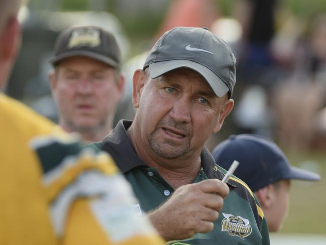 Coach Col Speed talks to his Orara Valley players at half-time during the Hoey Moey Tooheys Coffs Coast 9s final against Coffs Harbour Comets at Geoff King Motors Park. The Axemen won 12-10. February 17, 2018