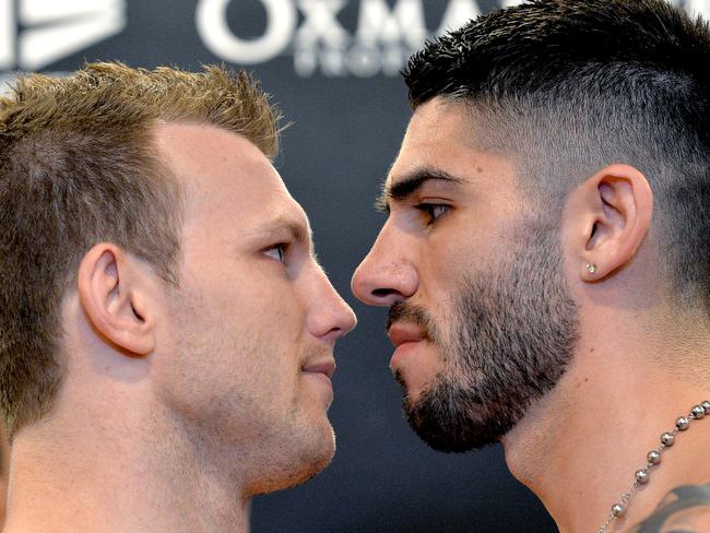 Horn and Zerafa come face to face. Picture: Getty Images