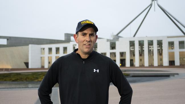 Treasurer Jim Chalmers addresses the media after his early morning jog at Parliament House Canberra. Picture: NCA NewsWire / Martin Ollman