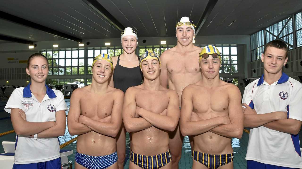 Toowoomba Grammar School Swimming Club medal winners (from back left) Naia Anderson and Matt Smith, (front, from left) Josephine Illing, George Tighe, William Salmond, Charlie Schoorl and Jude Youens. Picture: Bev Lacey