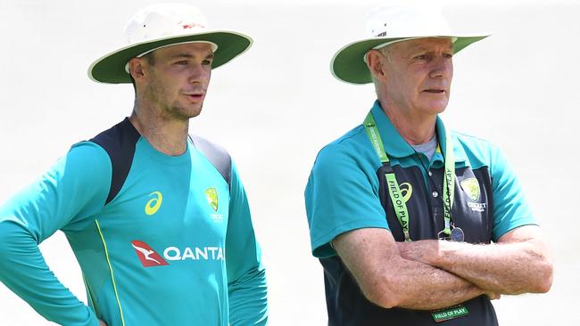 Greg Chappell (right) speaks with Peter Handscomb in the lead up to the third Test. Picture: AAP Images