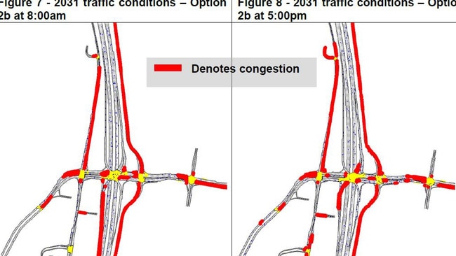 A map showing future traffic congestion around the Oxenford Interchange on the Pacific Motorway.