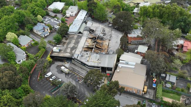 The wreckage of the Stirling Village Shopping centre after it was gutted by fire at the weekend.