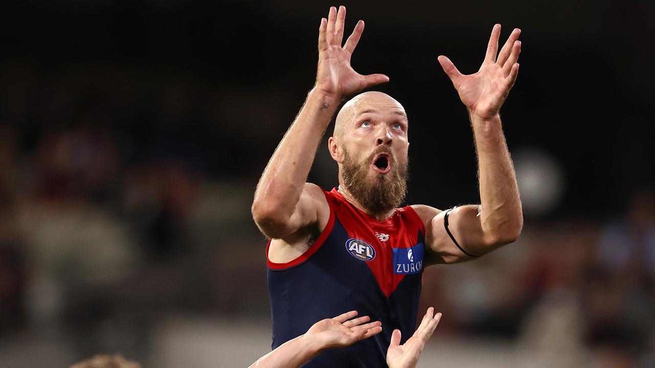 Melbourne skipper Max Gawn flies for a mark against the Western Bulldogs in Round 1 of the 2022 season. Picture: Michael Klein