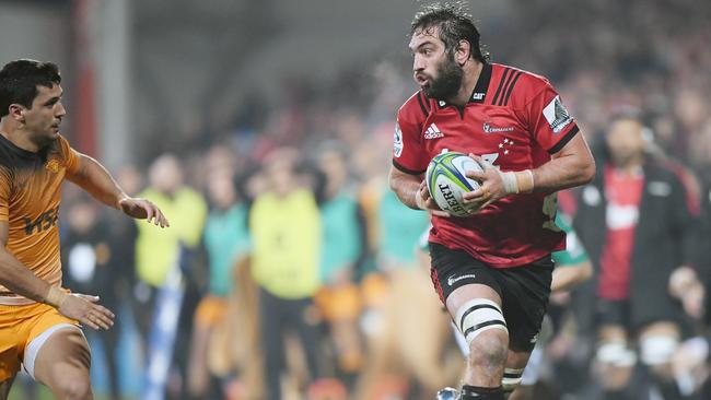 Crusaders forward Sam Whitelock on the charge on Saturday night. Picture: Getty Images