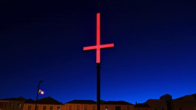 Dark Mofo. One of the inverted red crosses on the Hobart waterfront in 2018. Picture: Sam Rosewarne