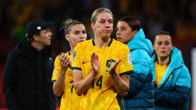 An emotional Alanna Kennedy following the Matildas’ loss to Nigeria at Brisbane Stadium in Brisbane in the group stage of the World Cup. (Photo by Patrick Hamilton / AFP)