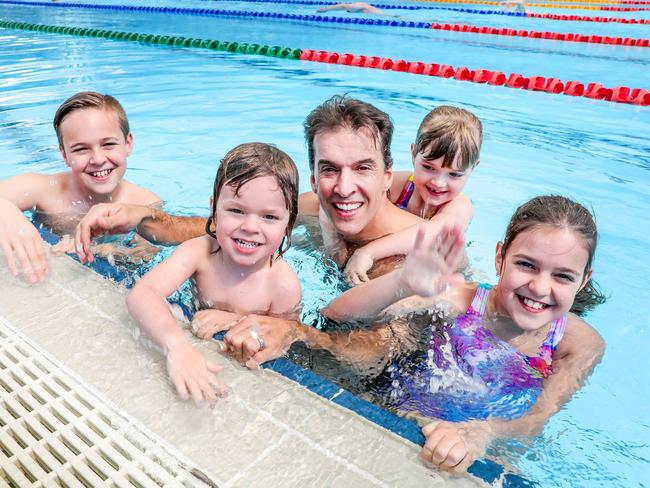 Launch of ÔSafe Barriers Save LivesÕbackyard pool safety campaign. Matt Welsh with his children L to R Sam, 10, Monty, 3, Lola, 7 and Eva, 10. Picture: Tim CarrafaIn 2018/19, 19 Australian children aged 0-4 years drownedOlympian, Matt Welsh OAM, will join Kidsafe Australia this morning to launch the seventh annual ÔSafe Barriers Save LivesÕ backyard pool safety campaign at the Melbourne Sports and Aquatic Centre.Figures released Royal Life Saving Society of AustraliaÕs National Drowning Report show that in 2018/19, 19 Australian children aged 0-4 years drowned. The majority of these incidents (63%) occurred in swimming pools.This follows the Victorian GovernmentÕs recent announcement on proposed changes to the StateÕs pool and spa barrier laws, including the establishment of a mandatory pool and spa register and a mandatory inspection regime, with all pools and spas to be inspected as frequently as once every three years.Matt Welsh, along with his young children, will check out the barriers and the pool gate near the swimming pool.Matt Welsh and Jason Chambers, General Manager of Kidsafe Victoria, will be available for comment.  ? Drowning is one of the leading causes of accidental death for children under 5 in Australia, with backyard pools being the most common location for drowning incidents to occur? 20 seconds is all it takes for a toddler to drown? A large number of swimming pool drowning incidents are a result of faulty or non-compliant pool/spa barriers? Simply having a pool/spa barrier in place isnÕt enough on its own to keep children safe Ð other important pool defence actions include active adult supervision, swimming lessons and first aid knowledge. Media Enquiries:  Ron Smith, Kidsafe Victoria Ð Mobile: 0417 329 201. Picture: Tim Carrafa
