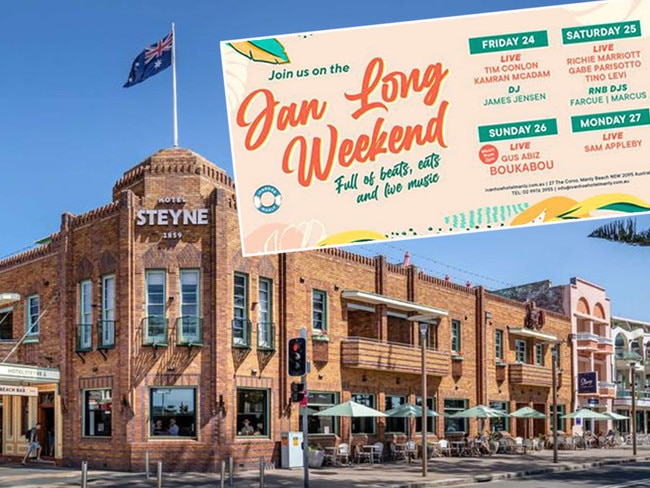 Manly’s Steyne Hotel is among the pubs in Iris Capital Group which is promoting long weekend events with no mention of Australia Day. Pictures: Supplied