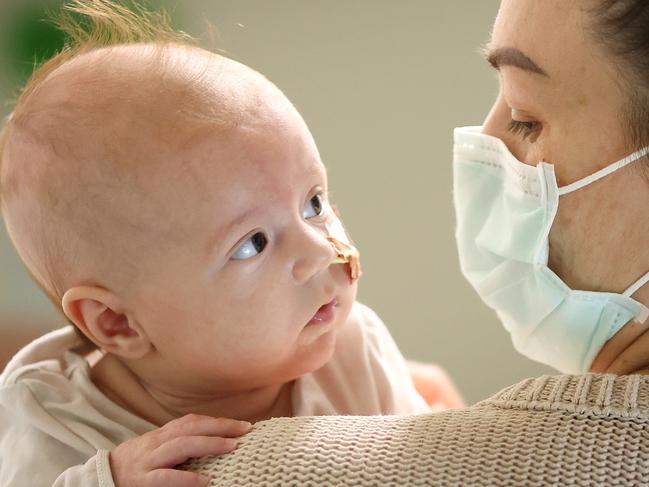 Gia Carswell, five months, with her mother, Hannah. Picture: David Caird