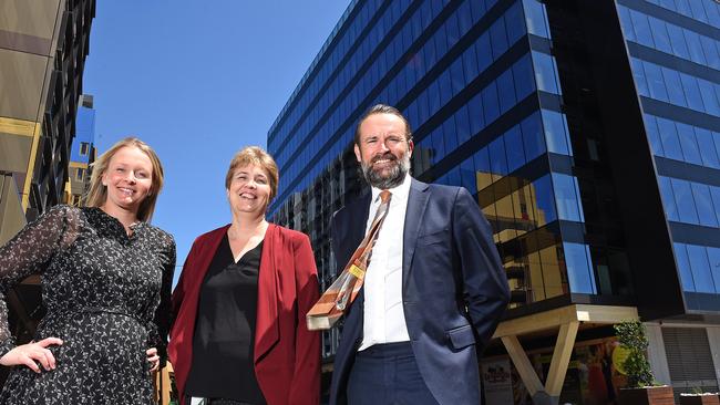 Lendlease project director Michelle Wooldridge, Aurecon’s SEQ regional director Evelyn Storey and Lendlease regional manager Matthew Miller at the new Aurecon offices building in Bowen Hills. Picture: AAP/John Gass