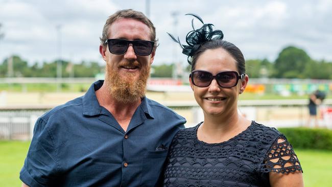 Pete Humphries and Sam Humphries from the Sunshine Coast celebrate Australia Day at the Darwin Turf Club. Picture: Che Chorley