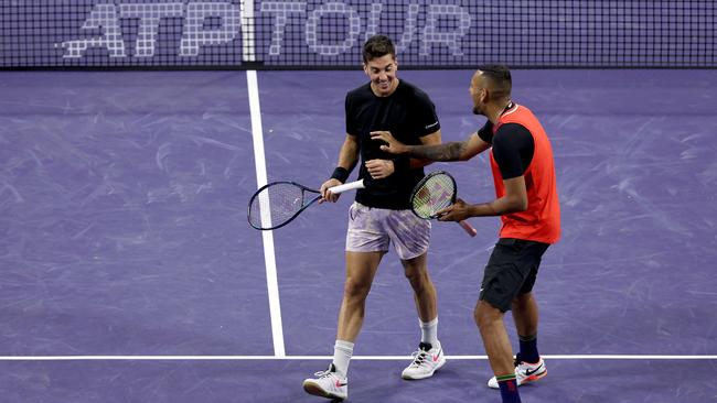 Thanasi Kokkinakis and Nick Kyrgios are into the second round of the Miami Open doubles. Picture: Getty Images/AFP