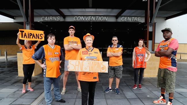 Taipans supporters Wendy Durdin, Alan Aldous, former player Alex Loughton, Coleen Lander, Adrian Iziercich, Yvonne Poweleit and Max Ishimwe petitioning government to ensure the Taipans can play at the Cairns Convention Centre this NBL season. PICTURE: STEWART McLEAN