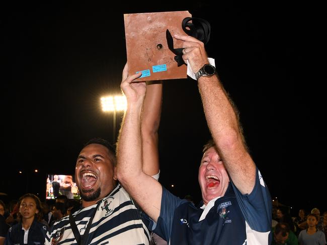 Brothers captain Aaron Pollard and coach Leon Cleal celebrate their 2020 NRL NT Grand Final win over Litchfield Bears. Picture: Katrina Bridgeford