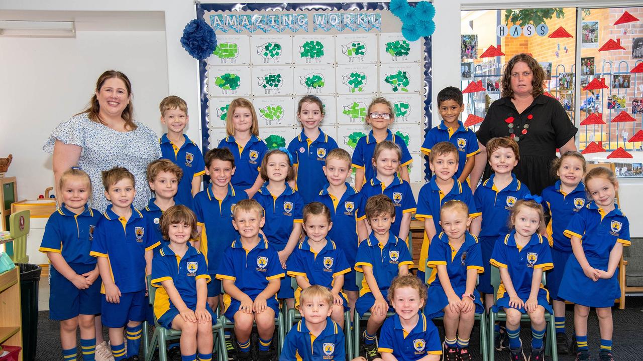 MY FIRST YEAR 2024: Mater Dei Primary School Prep Topaz students with teacher Miss Stef Kleinschmidt (left) and teacher's aide Ms Angela Frederick, February 2024. Picture: Bev Lacey