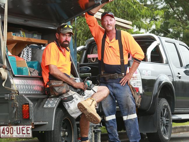 COURIER MAIL BUDGET 2018  Carpenters Mick Nichols and Ciaron Ayers pose in Salisbury, Brisbane on Friday, April 20, 2018. Budget case study. (AAP Image/Claudia Baxter)