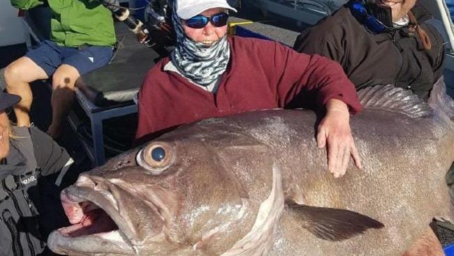 Sue Elcock with the massive groper she caught while fishing. Picture: Brendon Shinnick/Reel Force Charters